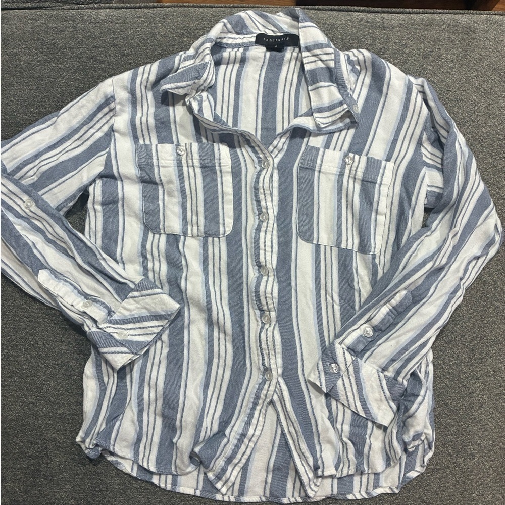 Sanctuary Women’s Casual Blue and White Striped Shirt Size M